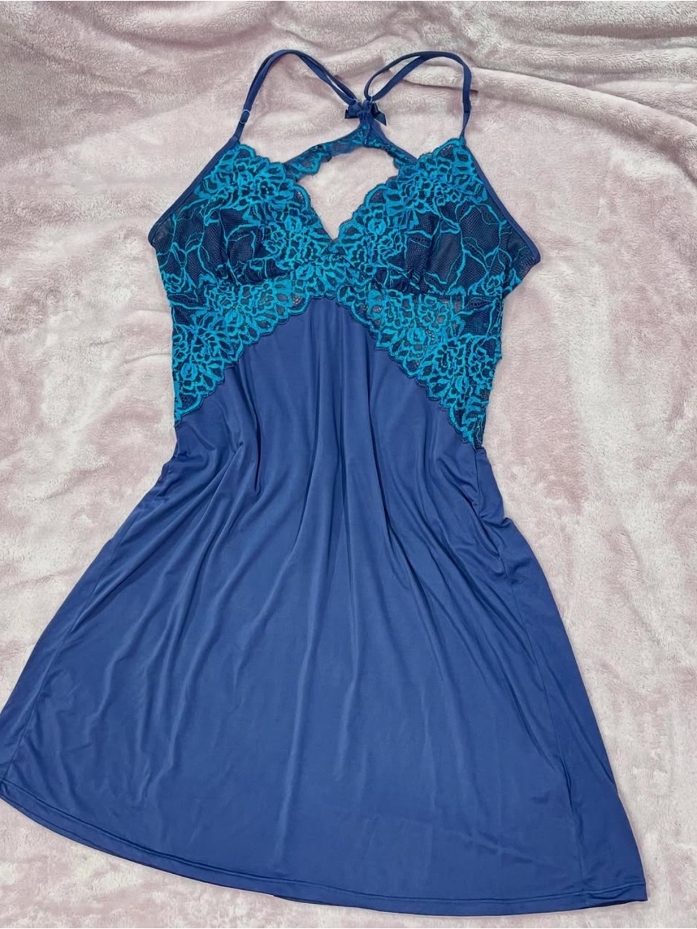 La Vie En Rose Navy Slip with Teal Lace Embroidery